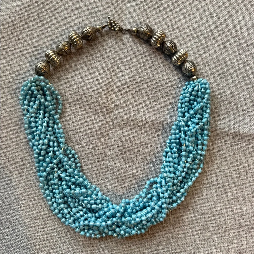 Blue Multi-Strand Beaded Necklace | Statement Piece | Layered Seed Beads